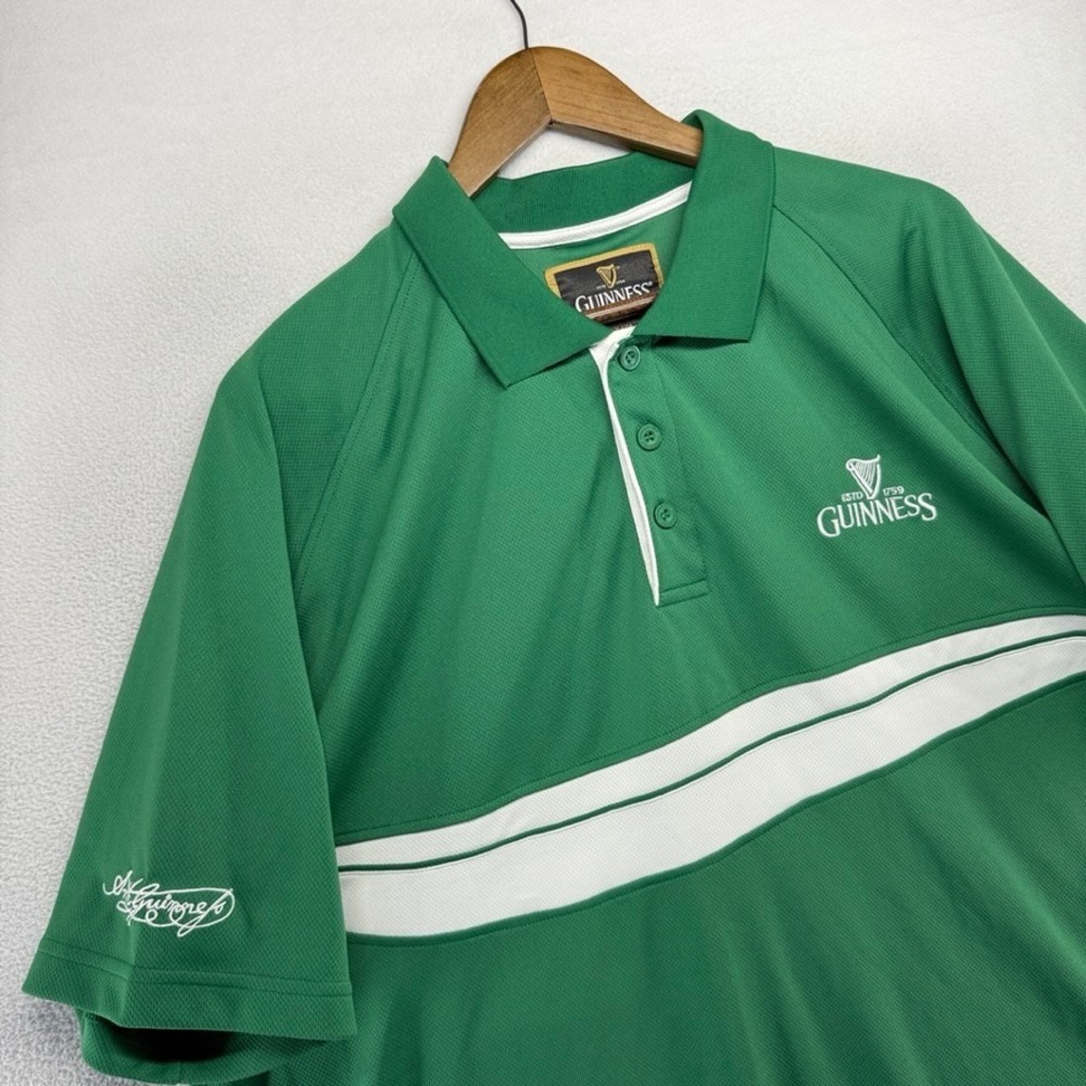 Guinness Polo Shirt Men's 2XL Green White Embroidered Tech performance Golf Logo